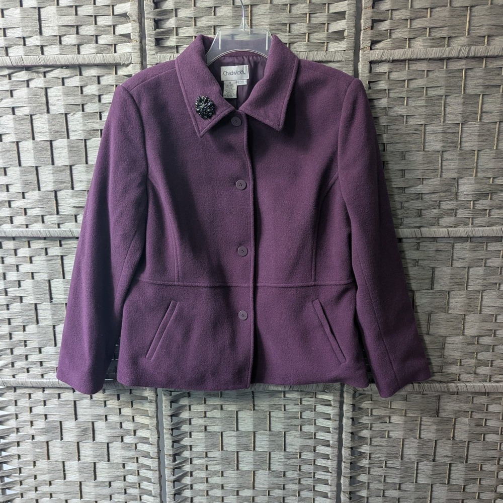 Vtg Jacket Royal Purple Wool Blend Button Front Black Brooch Sz 14 Plum Preppy